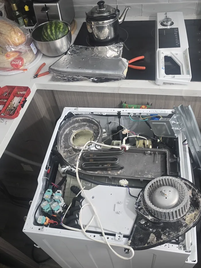 ProMaster technician repairing a dryer heating element and blower assembly